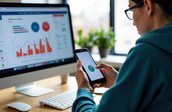 Woman analyzing financial data on smartphone and computer in office environment