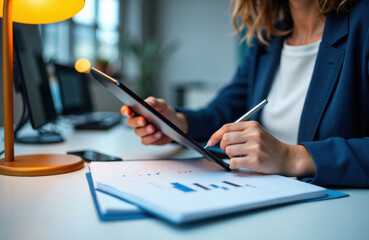 Businesswoman using a digital tablet with financial documents on her desk in an office setting