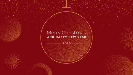 Christmas bauble with merry Christmas and happy New Year 2026 text on red background. Festive vector greeting card design.