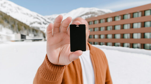 Man holding a blank black key card mockup in a snowy mountain resort. Close-up of a hand showing a ski pass with copy space for a logo