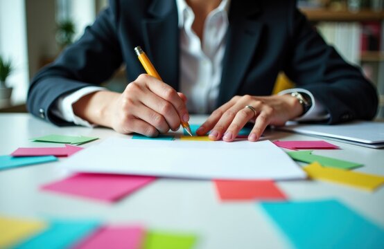 Woman writing on colorful sticky notes spread out on a desk in an office setting