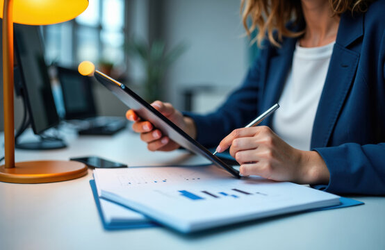 Businesswoman using a digital tablet with financial documents on her desk in an office setting