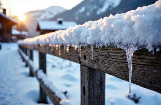 Snow-covered wooden railing with icicles hanging in a winter landscape at sunrise