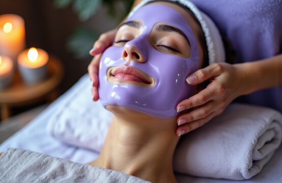 Woman receiving facial treatment with purple mask in spa setting