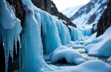 Frozen waterfalls and icy landscape in a mountain canyon
