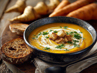 a bowl of spicy parsnip soup decorated with coriander and toasted golden croutons