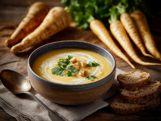 a bowl of spicy parsnip soup decorated with coriander and toasted golden croutons
