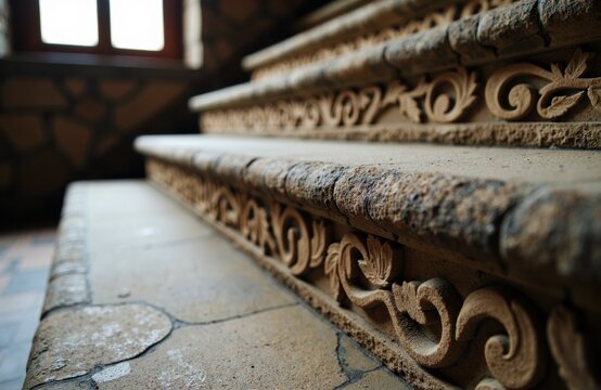 Carved wooden architectural detail on stone steps in historic building