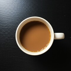 A top-down view of a white coffee mug filled with brown coffee, placed on a dark textured surface.