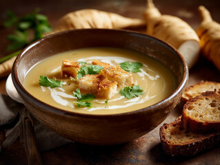a bowl of spicy parsnip soup decorated with coriander and toasted golden croutons