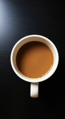 A top-down view of a white coffee mug filled with brown coffee, set against a dark wooden surface.