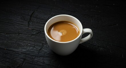 A white ceramic cup filled with coffee sits on a dark, textured surface. The scene captures the rich brown color of the coffee against the stark contrast of the background.