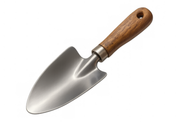 Gardening trowel with a natural wood handle and shiny metal blade, representing gardening, horticulture, and spring planting