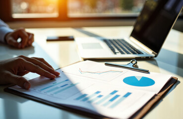 Business professionals analyzing financial charts with a laptop on a bright office desk