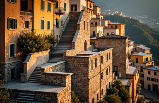Colorful hillside buildings with stone staircases in a scenic Italian village