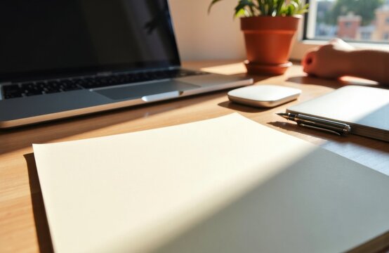 A blank sheet of paper on a wooden desk with a laptop, mouse, and pen in a bright office setting