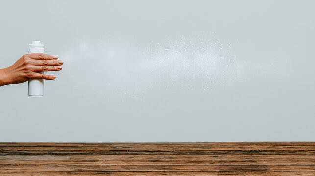 A person's hand holds a white aerosol can spraying a fine mist. Product mockup on a wooden table with a plain background and copy space for text - Powered by Adobe