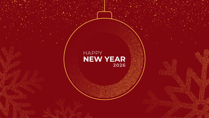 Happy New Year 2026 text with gold ornament. New Year greeting card banner with snowflake and confetti. Winter holiday celebration background.
