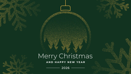Golden dot art Christmas bauble with trees inside, snowflakes, and Merry Christmas text for holiday card and Happy New Year 2026 celebration.