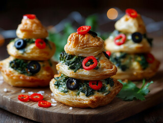 flaky puff pastry spinach and ricotta Christmas trees decorated with sliced red and green chillies arranged like festive baubles