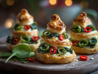 flaky puff pastry spinach and ricotta Christmas trees decorated with sliced red and green chillies arranged like festive baubles