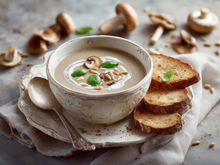 a warming bowl of cream of mushroom soup decorated with toasted pine nuts