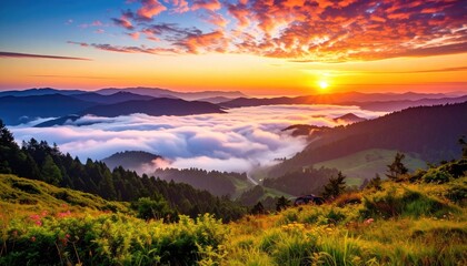 Obraz premium Vibrant Sunset Over Mountain Range With Mist And Golden Light Painting The Sky And Landscape In Morning