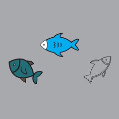 Sea fish silhouette cartoon set.