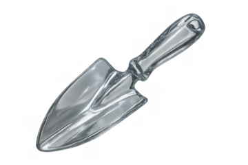 Chrome gardening trowel utensil on a transparent background, reflecting light and offering a sleek, modern tool design