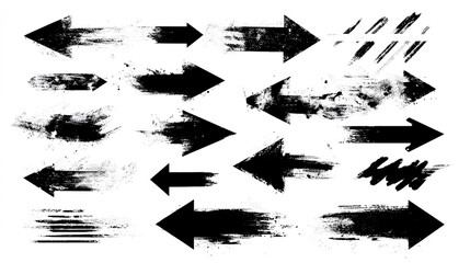 Rough vector arrow shapes, white background. Bold black brushstroke lines, paint texture, stencil graffiti form lightning bolts, abstract direction marks. Ink strokes, thick hand drawn arrows