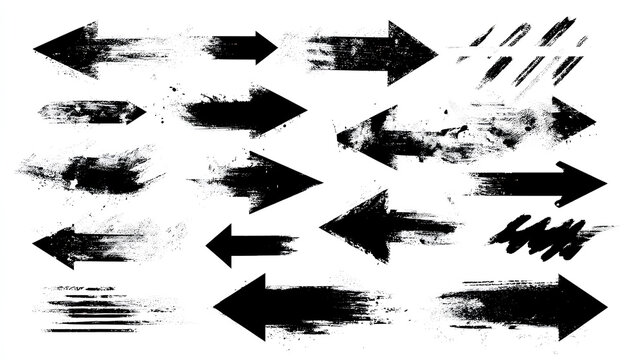 Rough vector arrow shapes, white background. Bold black brushstroke lines, paint texture, stencil graffiti form lightning bolts, abstract direction marks. Ink strokes, thick hand drawn arrows