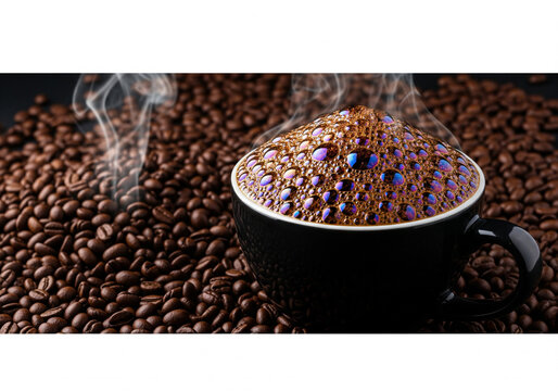 panoramic coffee background of a cup of black coffee covered with coffee bubble on roasted arabica coffee bean