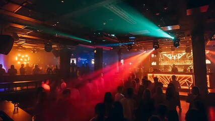 Nightlife excitement vibrant club scene with crowds dancing under colorful laser lights - Powered by Adobe
