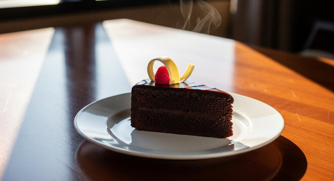 Delicious chocolate cake on plate on table on light background 