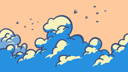 Vector illustration of clouds and birds in a pastel sky