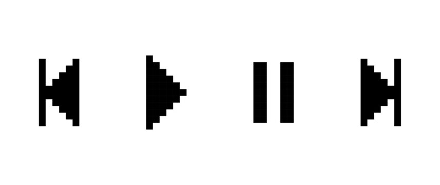 Pixel media control icons on white background, Pixel art, Vector illustration.