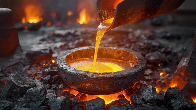 Molten metal glowing orange-yellow poured into a round mold. Foundry, heavy industry, casting, and intense manufacturing process concept.