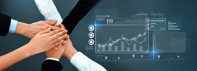 United hands signify teamwork and collaboration in a business environment. Digital data analytics and graphs emphasize strategic success and growth in professional settings. Trope