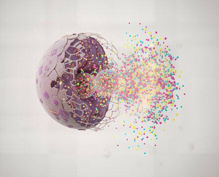Microscopic visualization of cell lysis or apoptosis (programmed cell death), showing catastrophic rupture of the cell membrane and explosive release of multicolored cellular contents and molecules.
