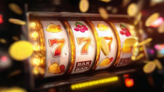 Lucky Seven: A close-up view of a slot machine, its reels displaying the iconic Lucky Seven symbol with gold coins showering around. Capture the excitement and anticipation of chance.