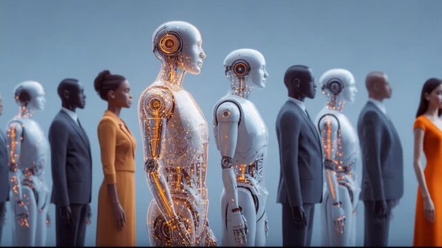 Emerging Robotic Workforce: A futuristic panorama unfolds, as an ensemble of lifelike robots and humans stand side-by-side, symbolizing a future of advanced technology and potential collaboration.