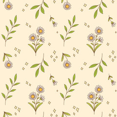 Seamless floral pattern on beige background. Natural spring repeat wallpaper. 