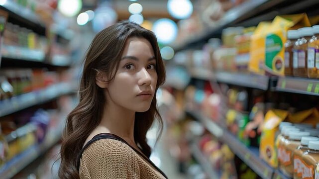 Grocery Store Gaze: A captivating young woman stands in the grocery store aisle, surrounded by shelves stocked with a colorful array of food products.