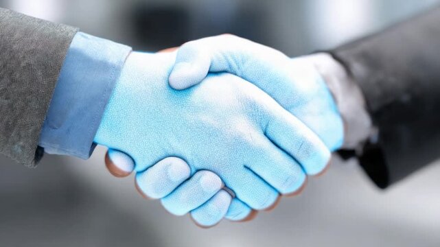 Deal Makers' Pact: Two professionals, locked in a firm handshake, symbolize an agreement, and the building of a trusting bond, set against a backdrop suggesting business.