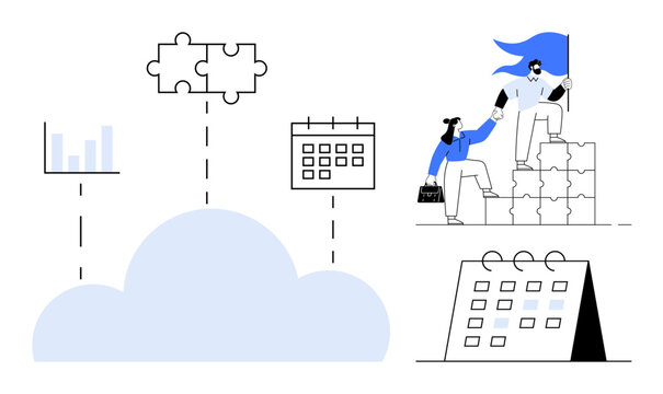 Cloud connecting charts, puzzle pieces, and calendars, symbolizing teamwork. Leader supporting colleague atop stacked puzzles with flag. Ideal for collaboration, leadership, planning, teamwork