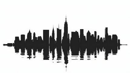 Fototapeta premium 水面に反射する都市のスカイラインのシルエット。ミニマルな黒いベクターイラスト