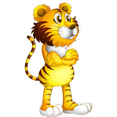 Cartoon Tiger Standing Arms Crossed In Front Of White Background Yellow Fur Black Stripes White Chest Fluffy Mane Cute Expressive Eyes And Tail Full Body Illustration