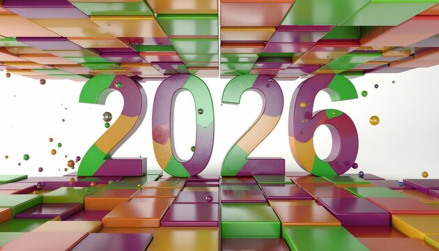 Vibrant 2026 numbers with colorful blocks and floating spheres create an exciting, futuristic celebration visual - Powered by Adobe