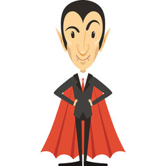 Cartoon Vampire Character In A Black Suit Red Cape And Red Tie With Fangs And Pointed Ears Standing With Hands On Hips In A Humorous Pose