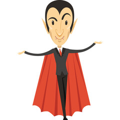 Cartoon Vampire Character in Black Suit Red Cape Standing Arms Outstretched and Smiling White Background